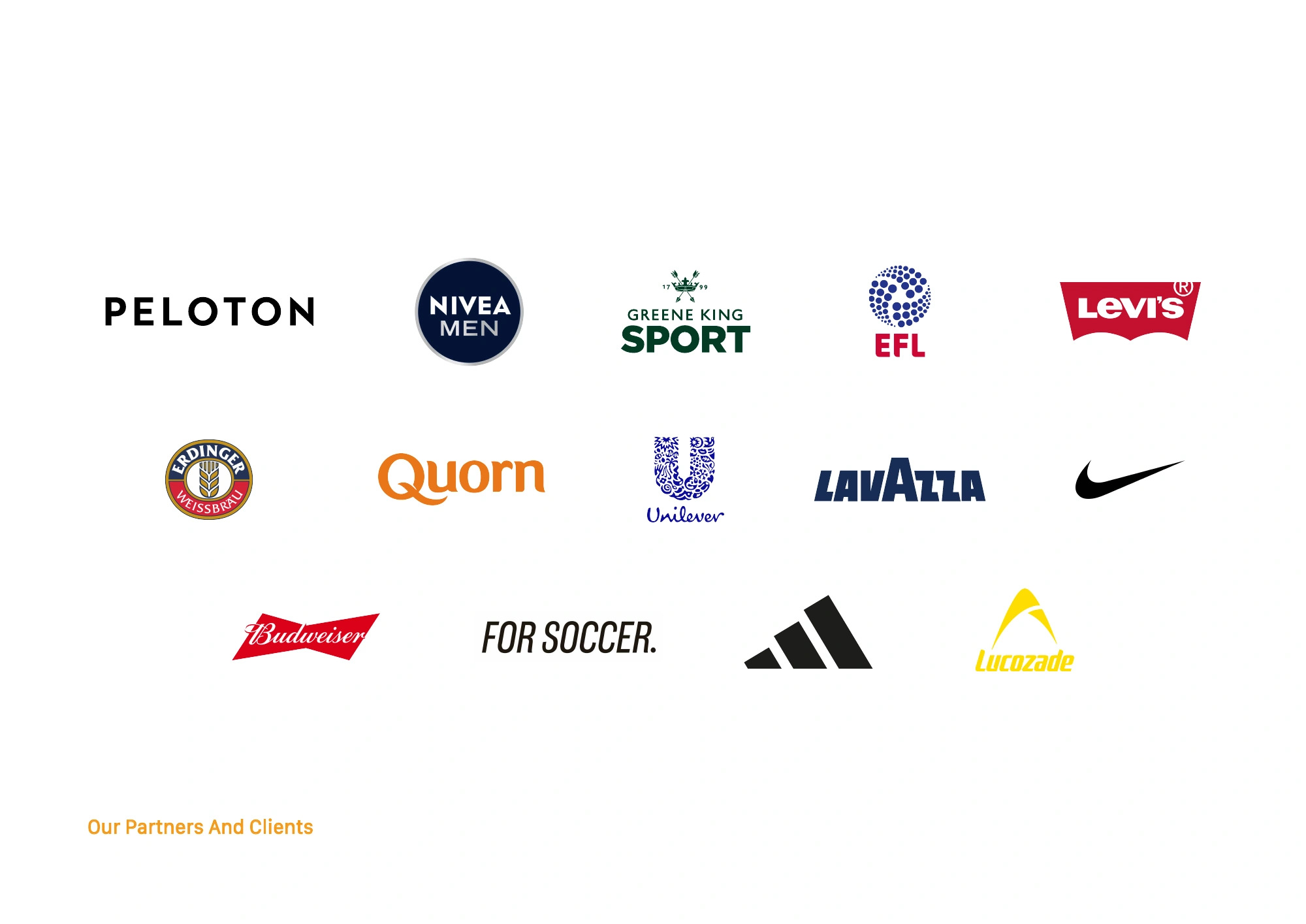 Partner and client logos: Peloton, NIVEA MEN, Standard Sport, EFL, Levi’s, Paulaner, Quorn, Unilever, Lavazza, Nike, Budweiser, For Soccer, Adidas and Lucozade